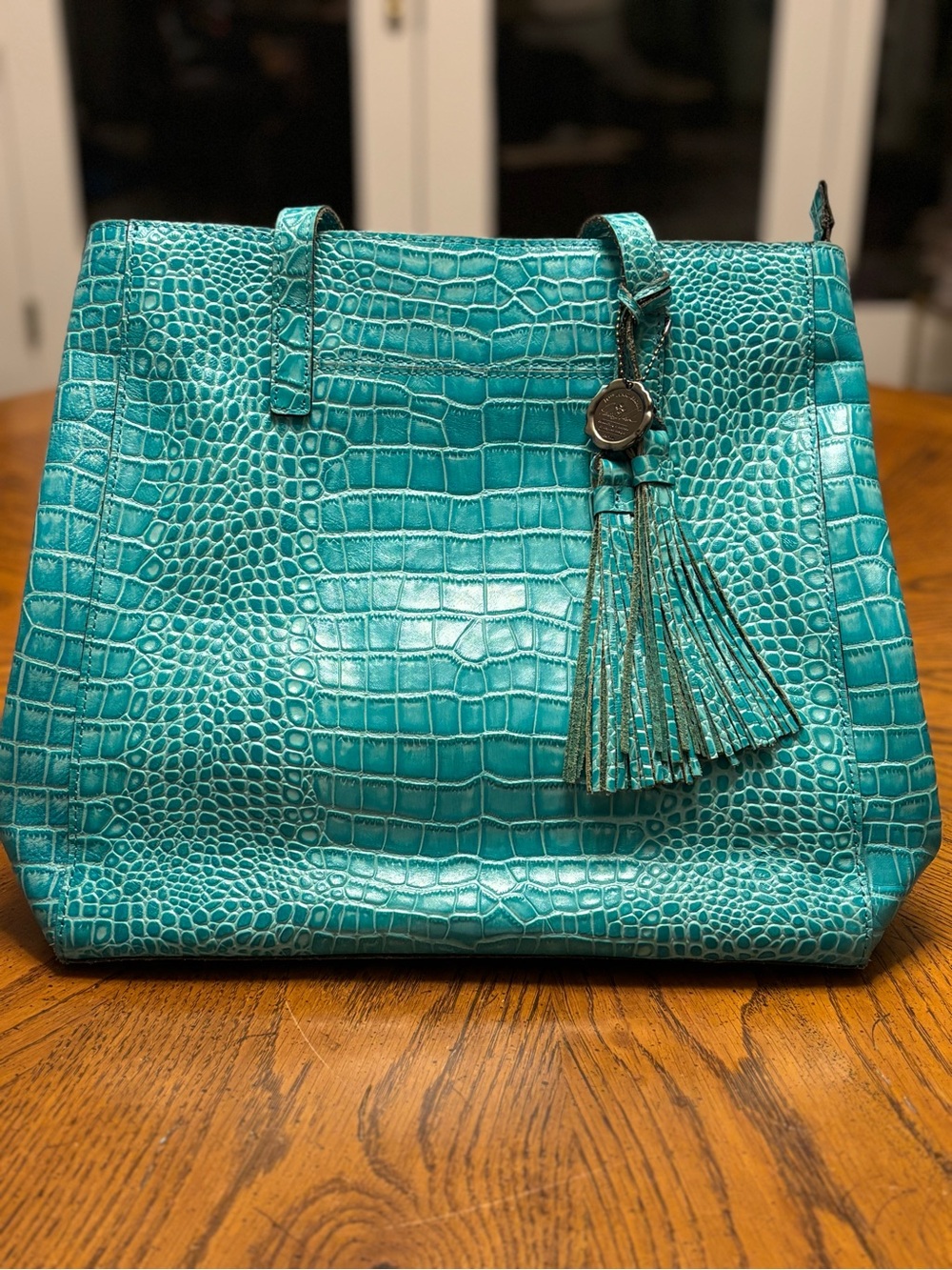 Teal Croc-Embossed Tote Bag with Tassel